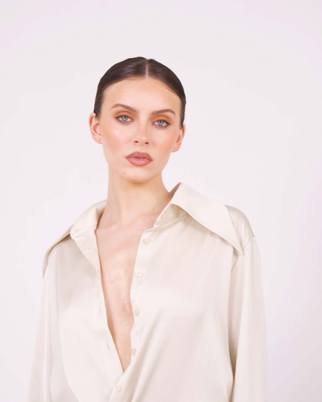 BOLDNSUBTLE beige satin shirt – featuring a relaxed, oversized fit with wide cuffs and modern tailoring for effortless styling.