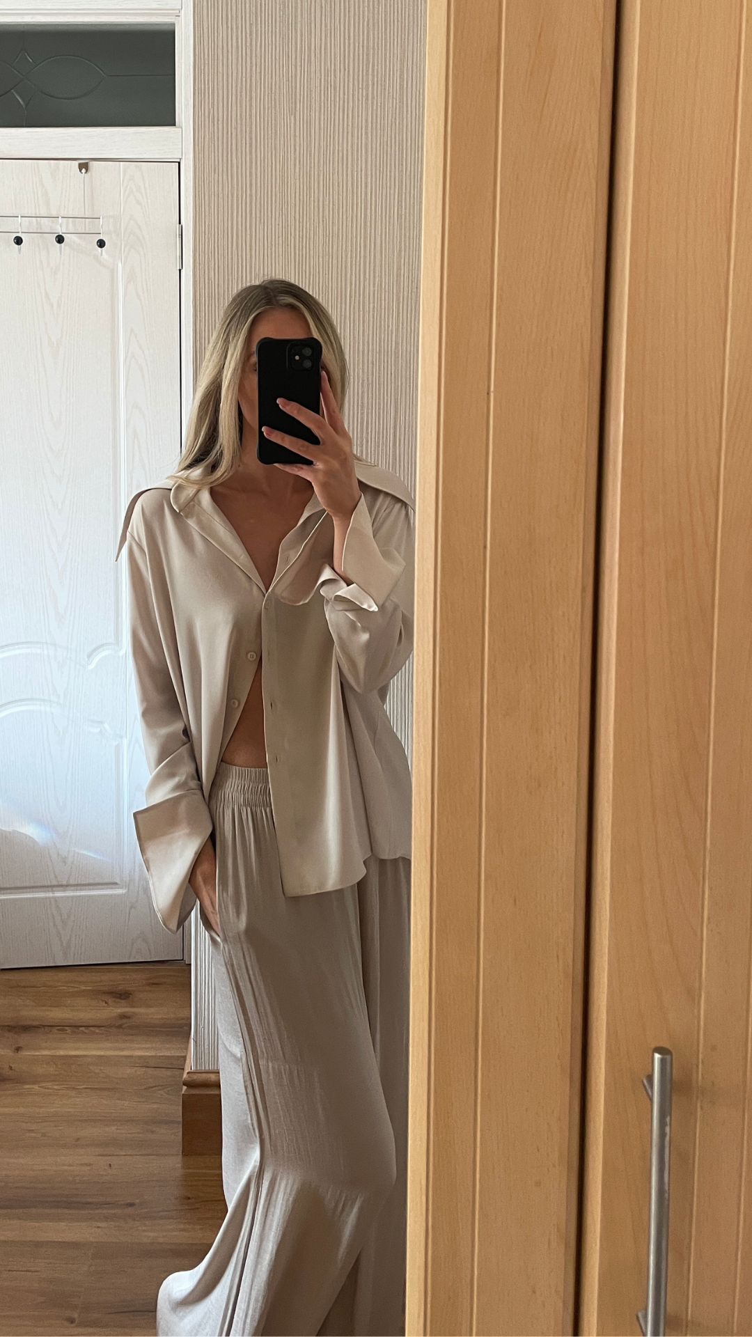 Beige oversized satin shirt by BOLDNSUBTLE – soft satin fabric with a draped silhouette, perfect for minimalist dressing.