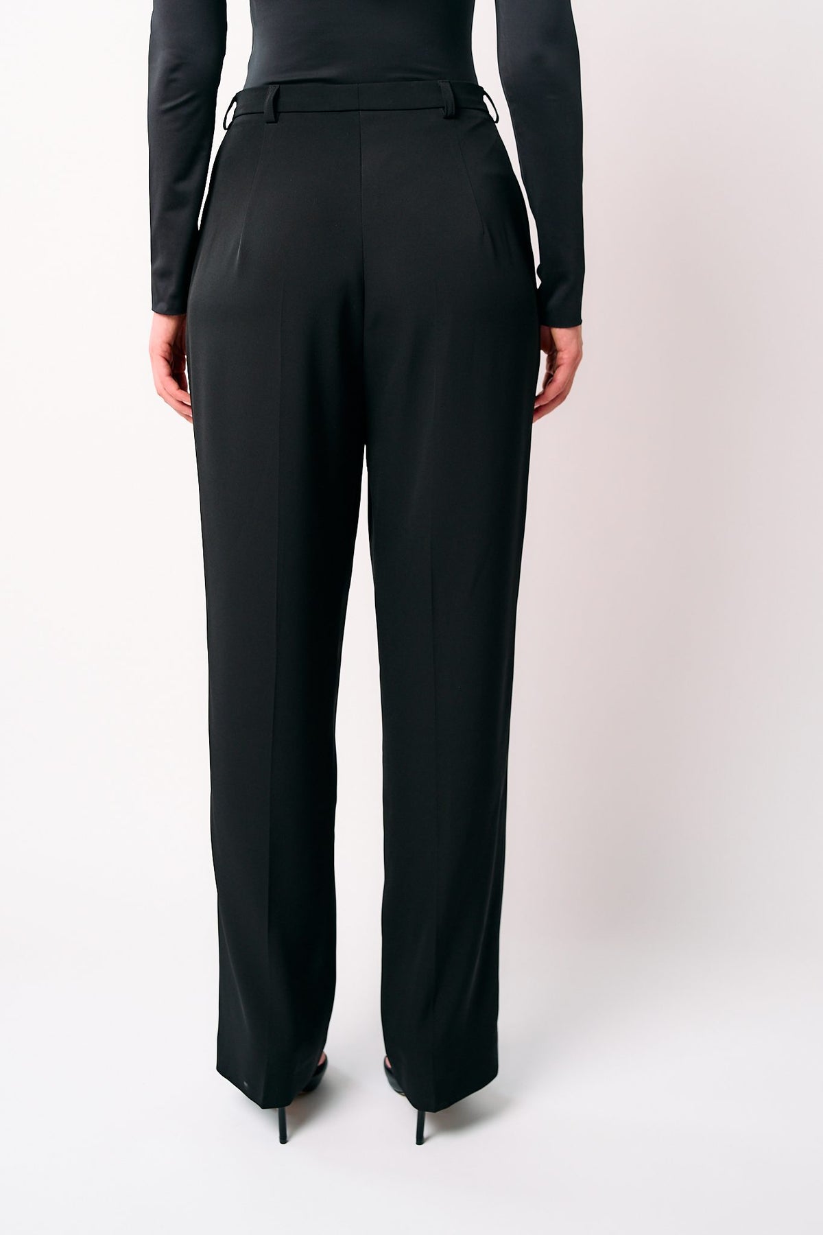 Close up of the BOLDNSUBTLE tailored black trousers
