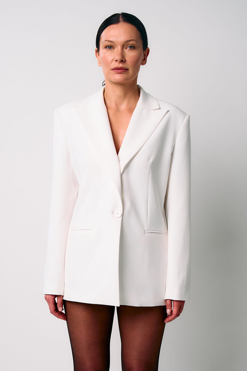 BOLDNSUBTLE oversized white blazer, front view
