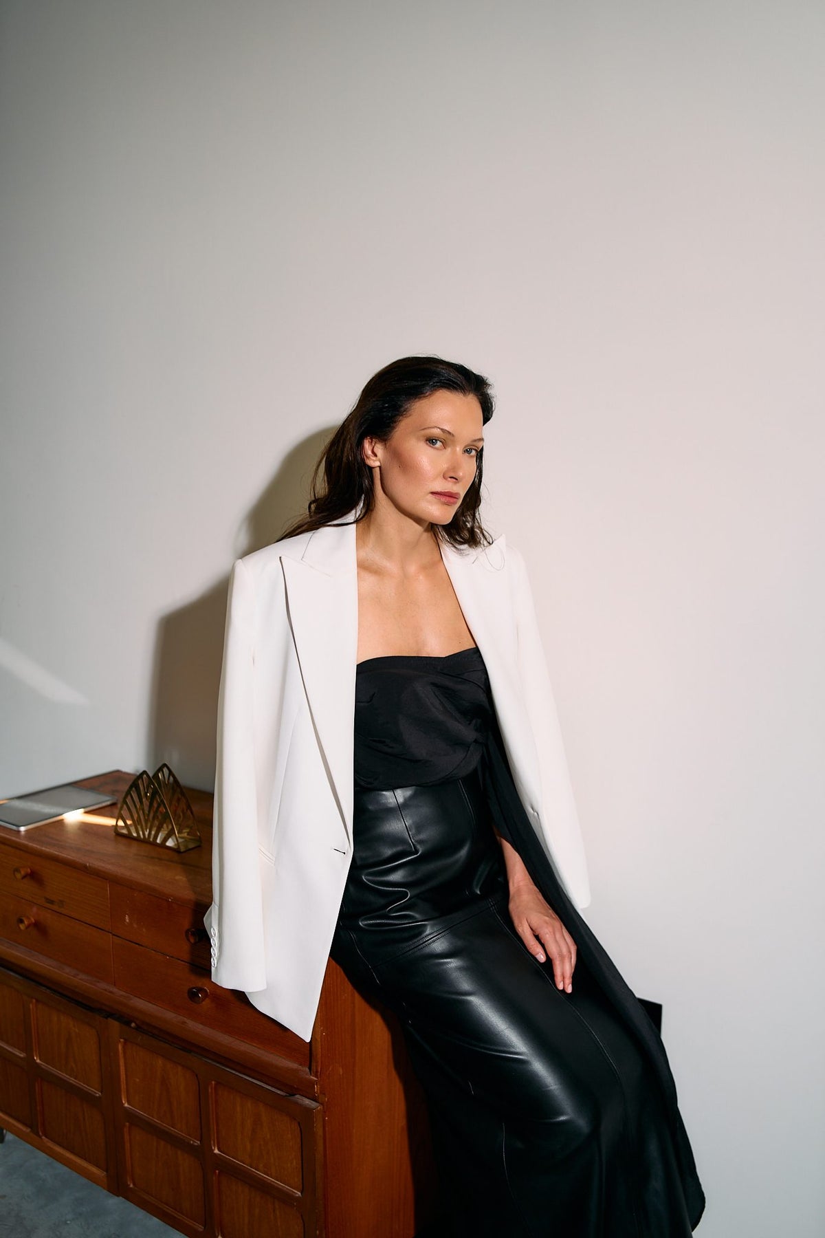 BOLDNSUBTLE oversized white blazer worn over an evening slip